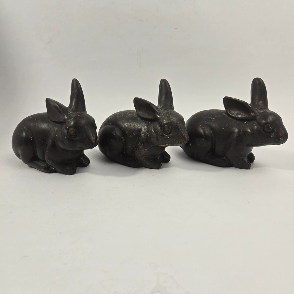 Vintage Japanese Showa Bronze Rabbit Okimono Trio Set of 3 Heavy Figurines 6"
